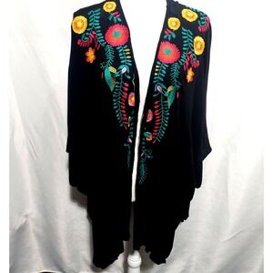Scrap Work Womens M/L Boho Kimono Cardigan Black Floral Embroidery Semi Sheer
